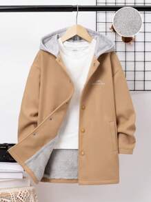 SHEIN 男大童字母刺繡加絨內裏連帽花呢外套不帶T恤 - 棕色 - 查看 1