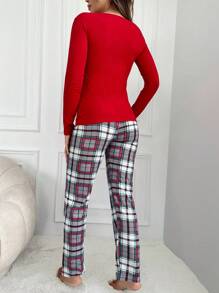 RueChic Slogan Graphic Tee & Plaid Print Pants PJ Set - Multicolor - View 2