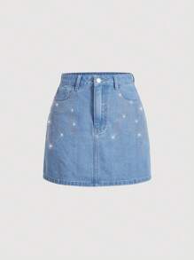 SHEIN MOD 水鑽細節牛仔半身裙 - 淺色水洗藍 - 查看 1