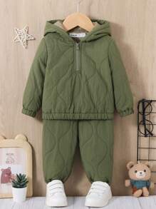 SHEIN 男嬰半拉鏈連帽衫和褲子 - 軍綠色 - 查看 1