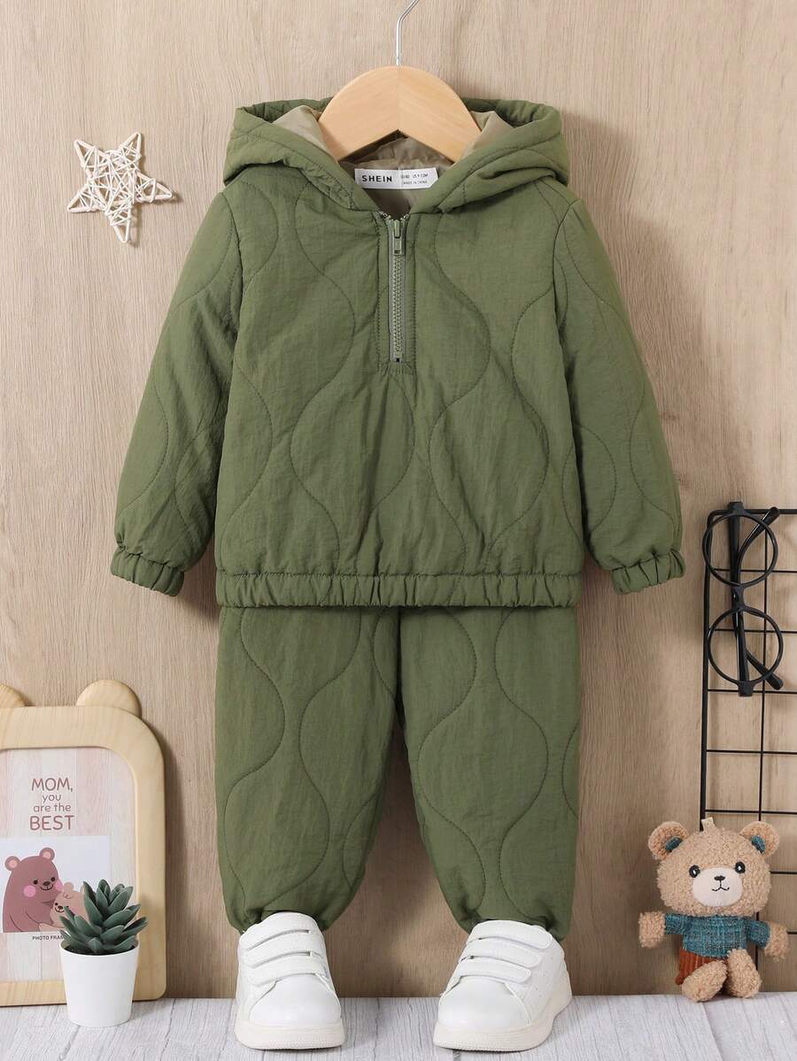 SHEIN 男嬰半拉鏈連帽衫和褲子 - 軍綠色 - 查看 1