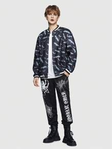 ROMWE MEN Goth 男士滿版蝙蝠圖案條紋飾邊飛行員夾克 - 黑色 - 查看 3