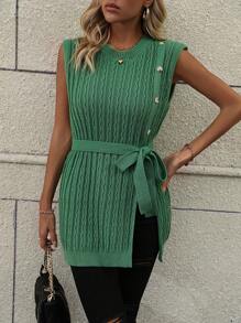 SHEIN LUNE 1pc Button Detail Cable Knit Belted Sweater Vest