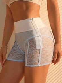 Solid Floral Lace Shapewear Shorts - Blue - View 5