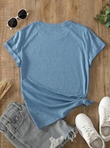 INAWLY Solid Round Neck Tee - Blue - View 2