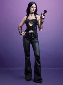 ROMWE PUNK Cut Out Front Asymmetrical Hem Denim Top - Black - View 3