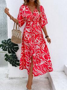SHEIN VCAY 滿版印花蝙蝠袖高衩洋裝 - 紅色 - 查看 4
