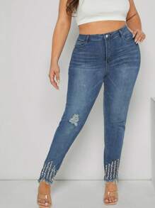 Plus Rhinestone Detail Ripped Skinny Leg Jeans - Medium Wash - View 1