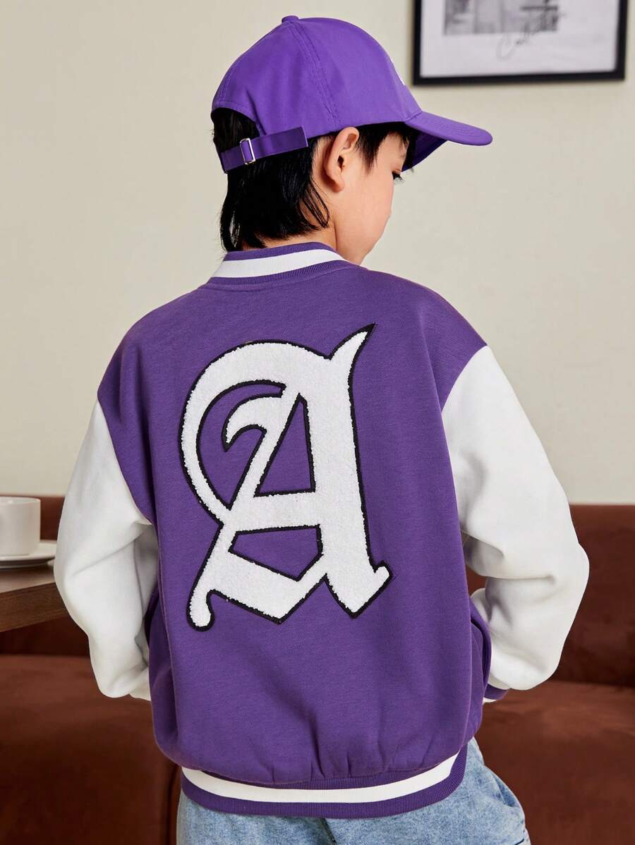 SHEIN Tween Boy Letter Graphic Two Tone Drop Shoulder Varsity Jacket - Multicolor - View 1