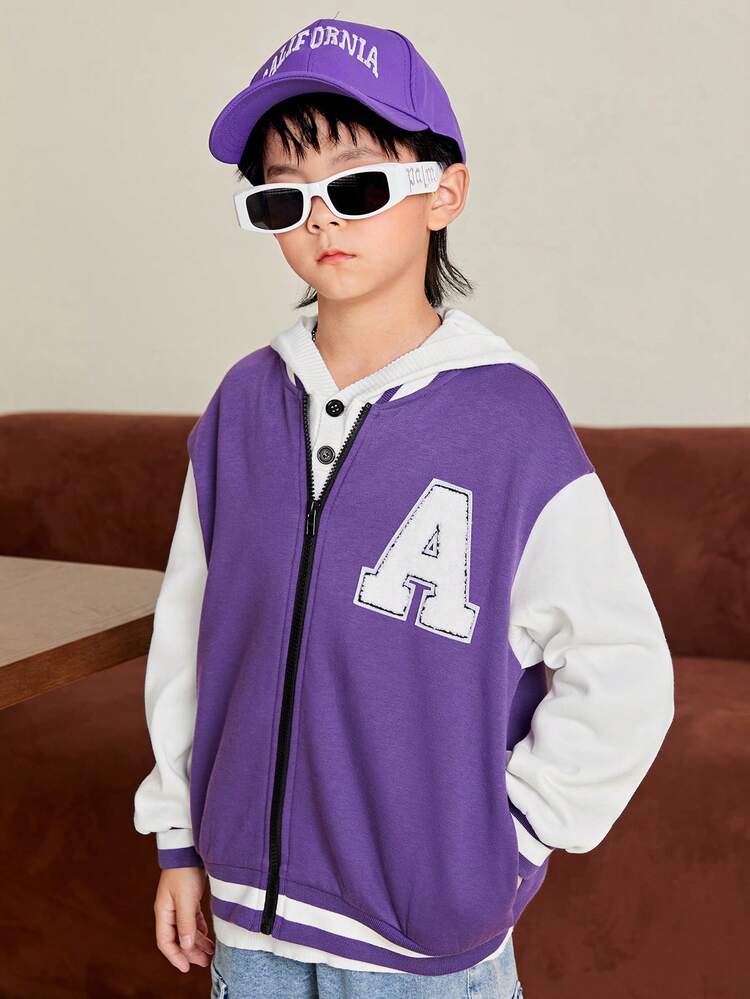 Tween Boy Letter Graphic Two Tone Drop Shoulder Varsity Jacket