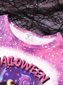 SHEIN Tween Girl Halloween Print Tee, For Halloween Party - Purple - View 3