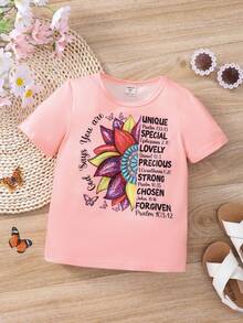 SHEIN Young Girl Floral & Letter Graphic Tee - Pink - View 7