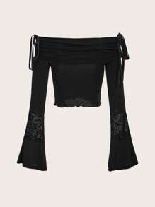 ROMWE PUNK Off Shoulder Tay áo loe Áo thun - màu đen - Xem 2