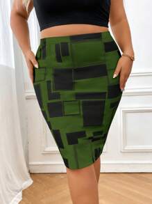 SHEIN Clasi Plus Geo Print Pencil Skirt - Army Green - View 4