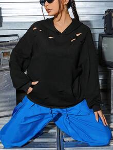 SHEIN Coolane Capucha unicolor desgarro de hombros caídos - Negro - Ver 5