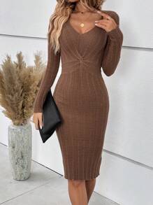 SHEIN LUNE Twist Front Bodycon Jumper Dress - Rust Brown - View 1