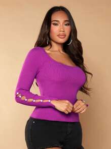 SHEIN SXY 紐扣細節方領條紋針織套頭毛衣 - 中紫紅色 - 查看 6