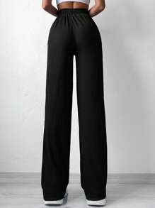 EURMUSE Solid Elastic Waist Straight Leg Trousers - Black - View 2