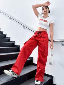 Pantalones cargo con bolsillo con solapa de cintura con cordón - Rojo - Ver 3
