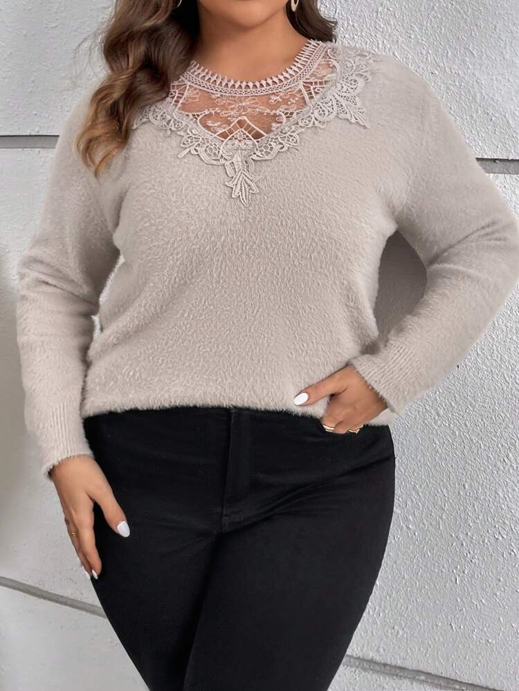 Plus Guipure Lace Insert Fuzzy Knit Sweater