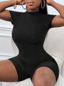 Slaydiva Cổ giả Tay Raglan Quần áo nịt Romper - màu đen - Xem 4