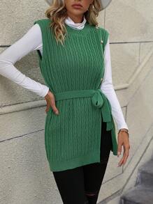 SHEIN LUNE 1pc Button Detail Cable Knit Belted Sweater Vest