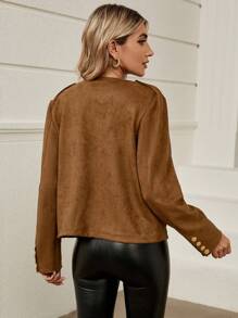 SHEIN LUNE Flap Pocket Double Breasted Jacket - Brown - View 2