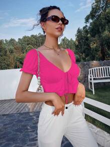 SHEIN Qutie Solid Puff Sleeve Ruffle Hem Top - Hot Pink - View 4