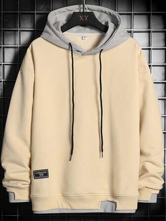 Men Letter Patched Detail Drop Shoulder Drawstring Hoodie