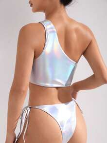 SHEIN Swim 全息鋼圈單肩綁邊比基尼套裝 - 銀色 - 查看 2