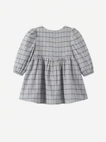 女嬰格紋印花愛心刺繡泡泡袖娃娃裙