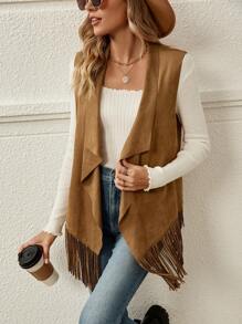 SHEIN LUNE Dames Regular Mouwloos Jasje Met Gevouwen Golvende Kraag En Zoom Franje Afwerking