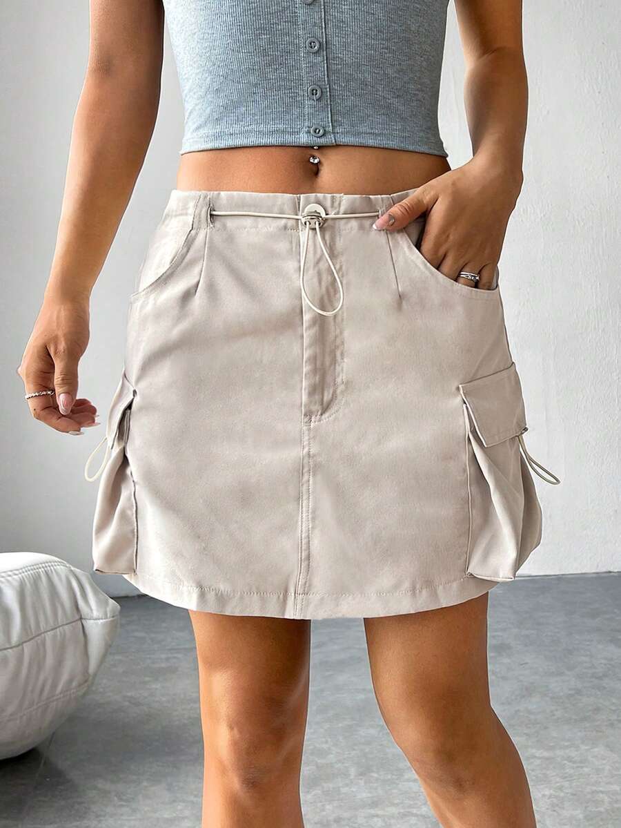 SHEIN EZwear 側翻蓋口袋工裝裙 - 卡其色 - 查看 1