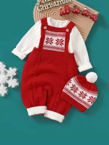 女嬰地理圖案絞花針織連身褲和帽子（不含 T 卹）聖誕禮物 - 紅色 - 查看 3