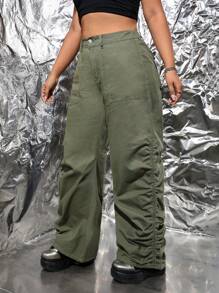 SHEIN ICON Talla grande Jeans fruncido de pierna ancha sin cinturón - Verde militar - Ver 4