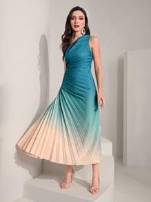 Modelyn Bóng Một bờ vai Xù Viền xếp Đầm - Màu xanh lam - Xem 3