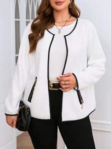 SHEIN Clasi 大碼撞色滾邊拉鏈細節衍縫夾克 - 黑與白 - 查看 1