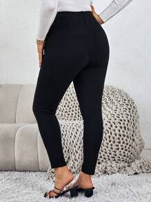 Reflora Plus High Waist Button Detail Skinny Pants - Black - View 2