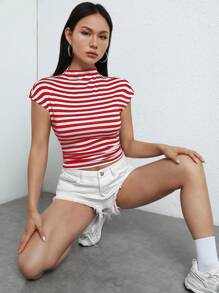 SHEIN EZwear Striped Print Batwing Sleeve Crop Tee - Red - View 4