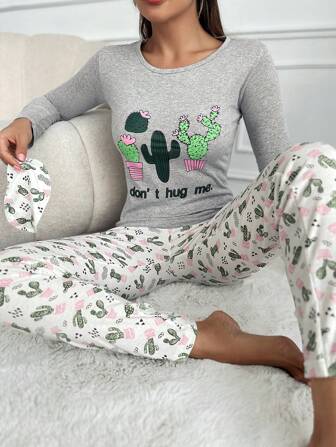 SHEIN Cottnline Ensemble De Pyjama cactus Et Graphique De Slogan