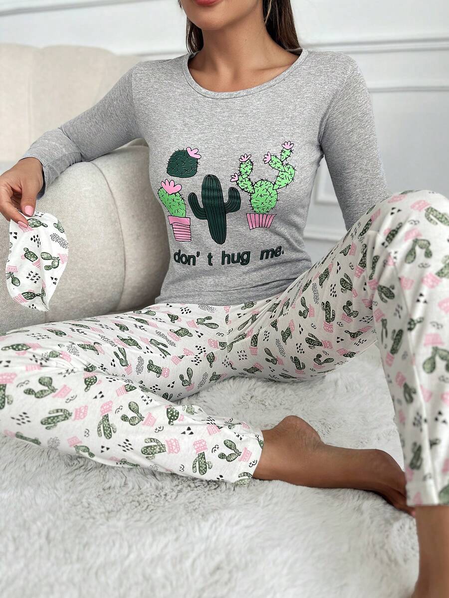 SHEIN Cottnline Cactus And Slogan Graphic PJ Set - Multicolor - View 1