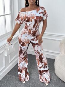 Slaydiva Tie Dye Asymmetrical Neck Flare Leg Jumpsuit - Multicolor - View 4