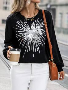 SHEIN LUNE Mẫu đồ họa Thả vai Áo len - màu đen - Xem 3