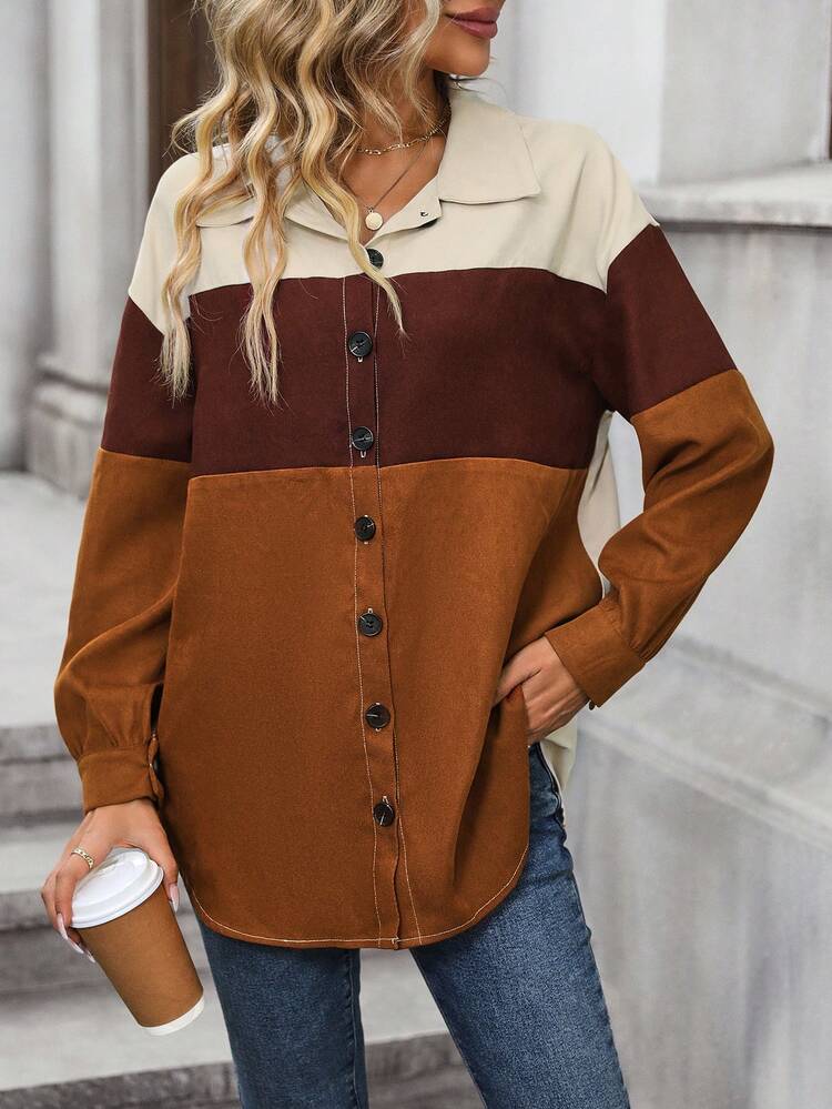 Colorblock Drop Shoulder Button Front Coat