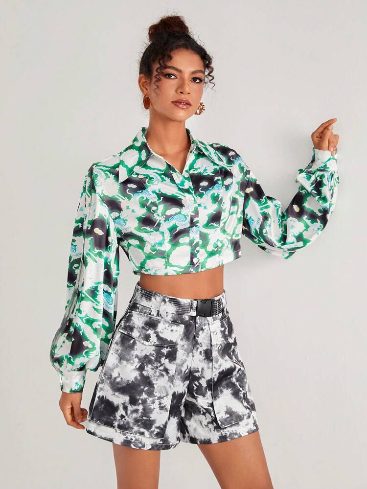 Designer Business Casual Allover Print Long Sleeve Crop Shirt, For Holiday, Vacation, Spring, Beach, Festival, Ibiza Fits, Office
