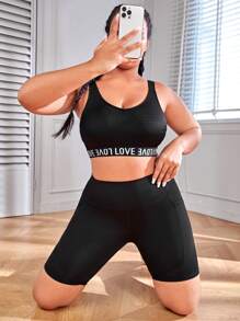 Easithlete Plus Letter Tape Panel Sports Bra - Black - View 5