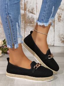 1 par de sapatos casuais femininos da moda com decoração de corrente de metal, design de sola grossa trançada para maior conforto, adequados para uso diário, lazer e deslocamento, versáteis para todas as estações - Preto - Ver 3