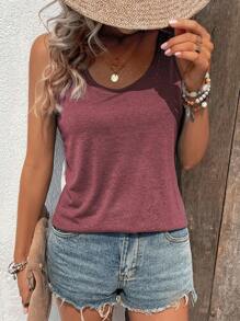 SHEIN LUNE Solid Scoop Neck Tank Top - Maroon - View 7