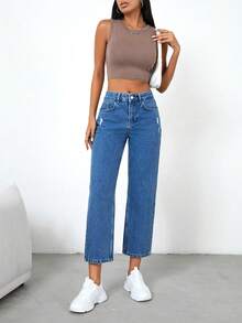 Cottnline High Waist Ripped Straight Leg Jeans - Medium Wash - View 3