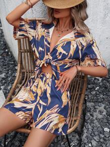 SHEIN LUNE Imprimé Épaule tombante Chemise & Short - bleu indigo - Voir 3